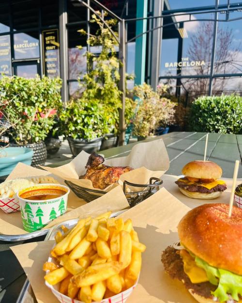 A table outdoors featuring a variety of dishes: burgers, fries, chicken, and a bowl of soup, with greenery in the background.