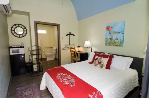 Cozy bedroom with a double bed, colorful decor, a small fridge, and a bathroom visible in the background.