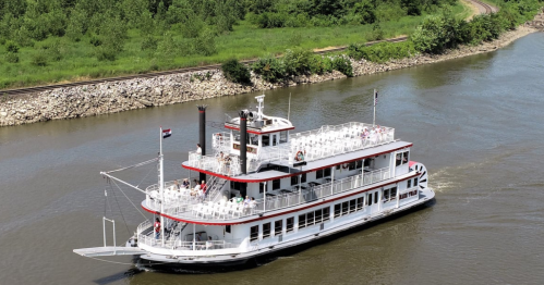 A white and red riverboat cruising on a calm river, surrounded by greenery and a railway track in the background.