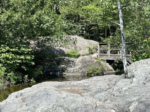 A serene landscape featuring rocks, greenery, and a small wooden bridge over a calm pond.