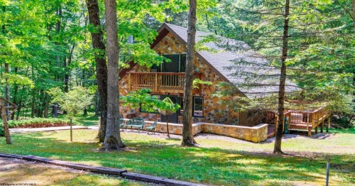 a-line cabin behind tall trees on a grassy lawn