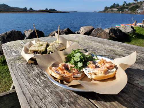 Two plates of food on a wooden table by the water, featuring sandwiches and fresh greens, with a scenic view in the background.