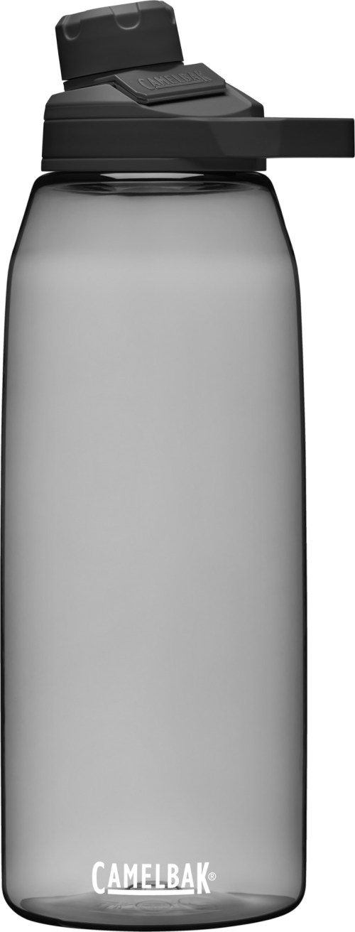 A gray CamelBak water bottle with a black lid and a wide mouth for easy filling and cleaning.