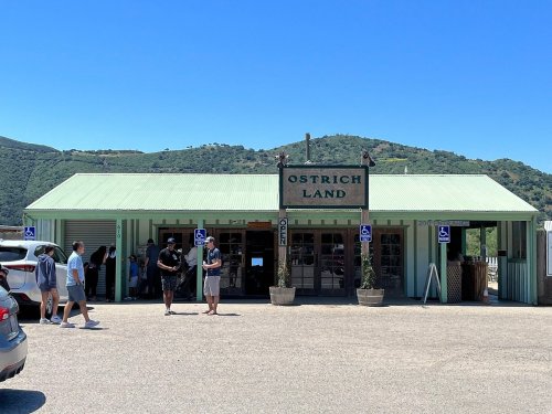 A building labeled "Ostrich Land" with visitors outside, set against a backdrop of green hills and a clear blue sky.