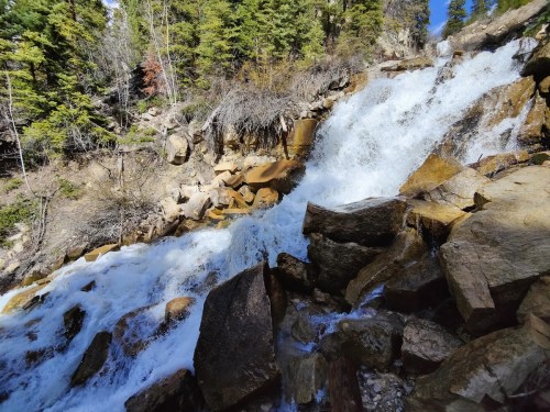 A cascading waterfall flows over rocks, surrounded by lush green trees under a clear blue sky.