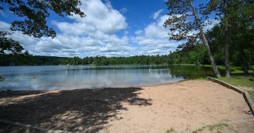 A serene lakeside view with sandy beach, trees, and fluffy clouds reflecting in the calm water.
