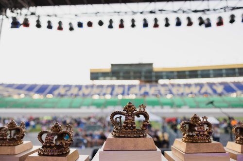 Three ornate crown trophies are displayed in the foreground, with a racetrack and audience in the background.