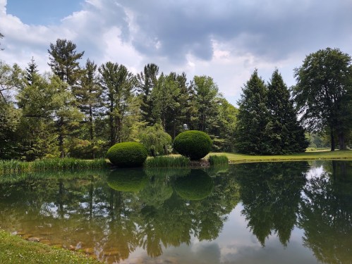 A serene pond surrounded by lush greenery and rounded bushes, reflecting the trees and cloudy sky above.
