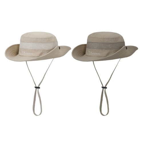 Two beige sun hats with wide brims and adjustable chin straps, featuring mesh panels for ventilation.
