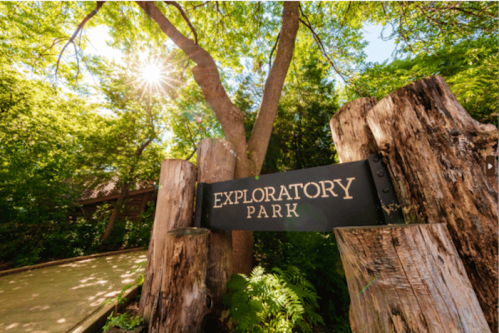 Sign for Exploratory Park surrounded by lush greenery and sunlight filtering through the trees.