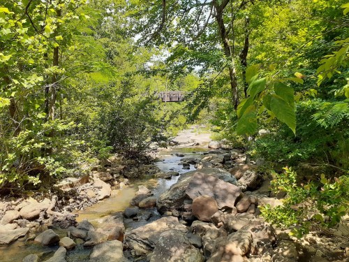 A serene stream flows through a rocky landscape, surrounded by lush green trees and a wooden bridge in the distance.