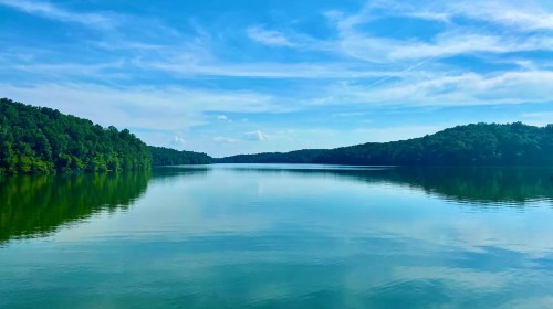 A serene lake surrounded by lush green trees under a clear blue sky, reflecting the landscape on its calm surface.