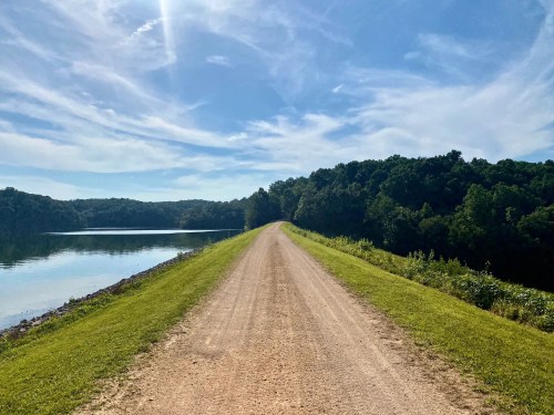 A dirt path lined with grass runs alongside a calm lake, surrounded by lush green trees under a clear blue sky.