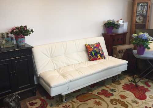 A white futon with a colorful pillow, surrounded by potted plants and a decorative rug in a cozy room.