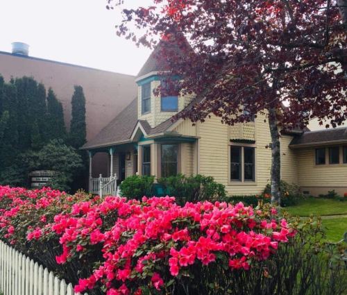 A charming house with a turret, surrounded by vibrant pink flowers and lush greenery.