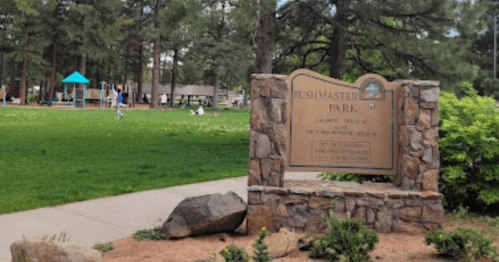 Sign for Bushmaster Park with playground and green space in the background, surrounded by trees.