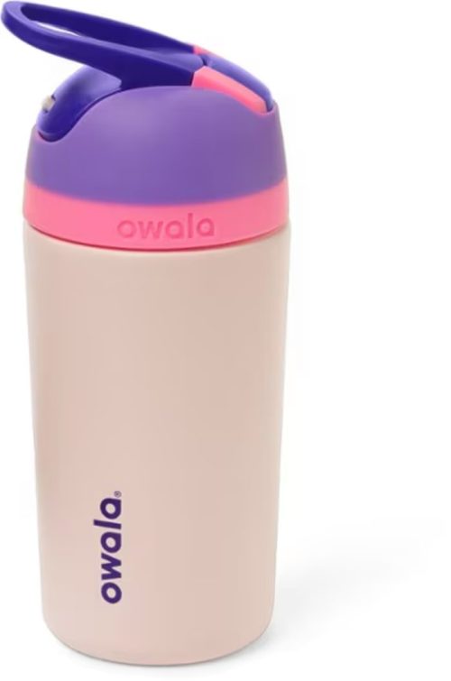 A stylish Owala water bottle in beige with a purple and pink lid, featuring a flip-top opening.