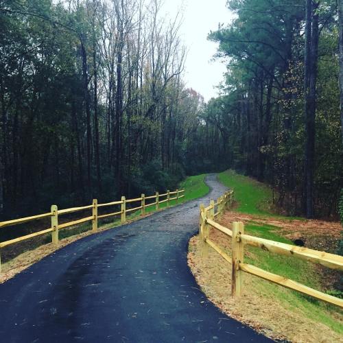 A winding path through a wooded area, bordered by a wooden fence, on a cloudy day.