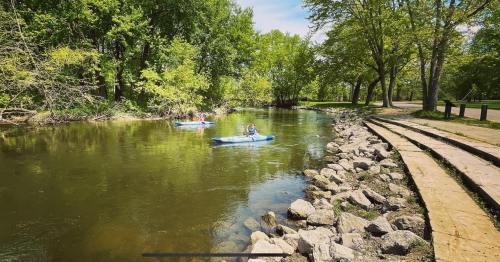 Two kayakers paddle on a calm river surrounded by lush green trees and a stone pathway along the shore.