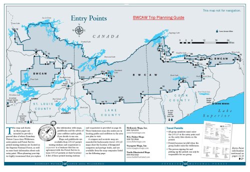 Map of the Boundary Waters Canoe Area Wilderness (BWCAW) showing entry points, lakes, and travel permits. Not for navigation.