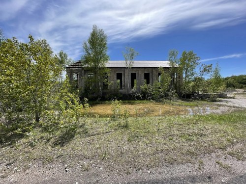 Abandoned building surrounded by overgrown vegetation and a small pond under a blue sky with scattered clouds.