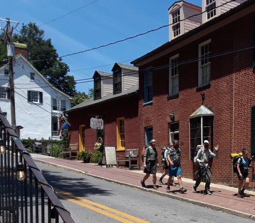 A group of hikers walks along a sunny street lined with brick buildings and greenery.
