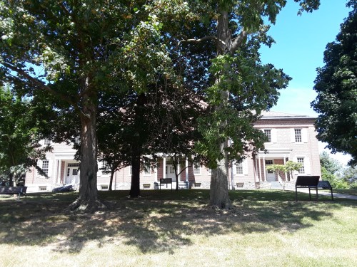 A historic building partially obscured by large trees, set against a clear blue sky.