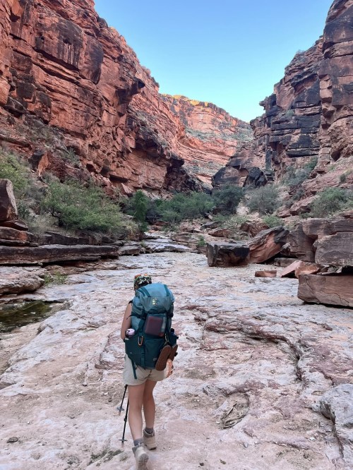 A hiker with a large backpack walks through a rocky canyon surrounded by red rock formations and greenery.