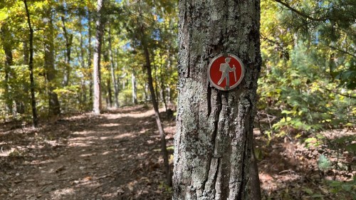 A hiking trail sign on a tree in a wooded area, with a path visible in the background.