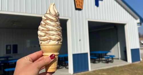 Hand holding a vanilla soft serve ice cream cone with chocolate dip wizard ripples at Jersey Freeze in Iowa.