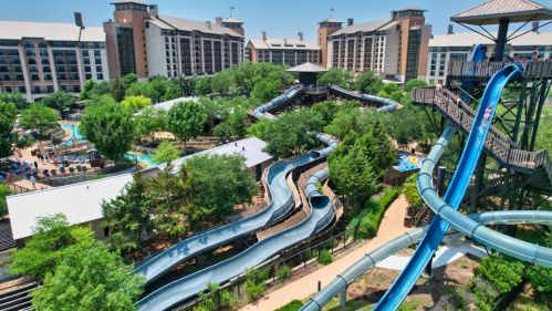 Aerial view of a water park with slides, surrounded by trees and buildings on a sunny day.