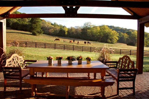 A rustic outdoor patio with a wooden table and chairs, overlooking a field with horses and trees in the background.