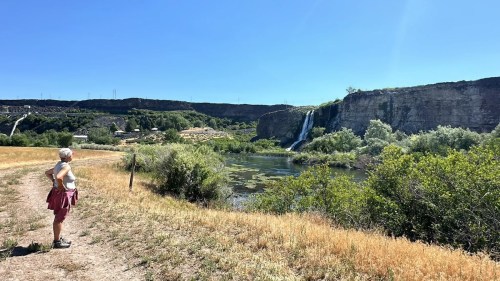 A person stands on a grassy path, gazing at a waterfall and lush greenery under a clear blue sky.