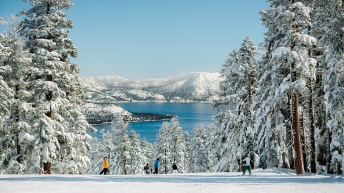 Snow-covered trees frame a scenic view of a lake and mountains, with skiers enjoying the winter landscape.