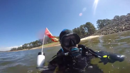 A diver in a wetsuit holds a flag while submerged in clear water, surrounded by trees and a rocky shoreline.