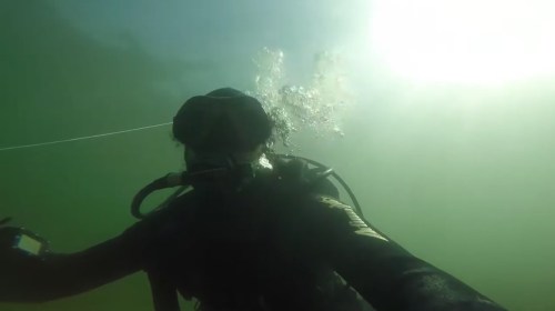 A diver underwater, wearing a mask and scuba gear, with bubbles rising and sunlight filtering through the water.