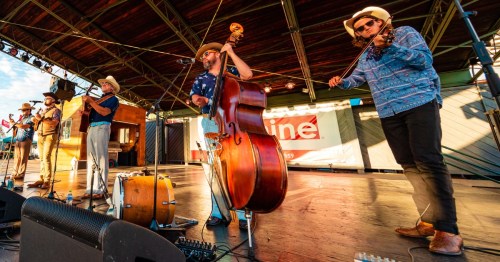A band performs on stage with instruments, including a double bass and fiddle, under a vibrant sky.