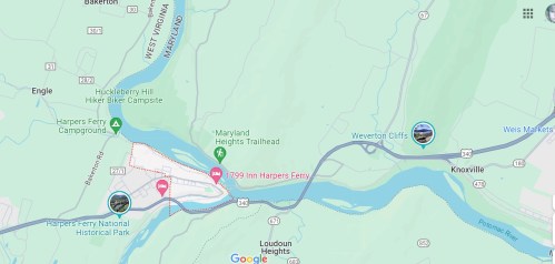 Map showing Harpers Ferry, West Virginia, with nearby trails, campsites, and points of interest.