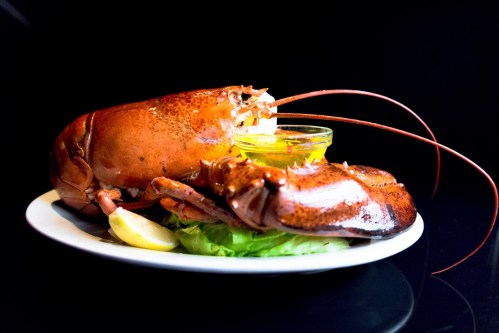 A cooked lobster on a plate with lemon wedges and a small bowl of dipping sauce, resting on lettuce.