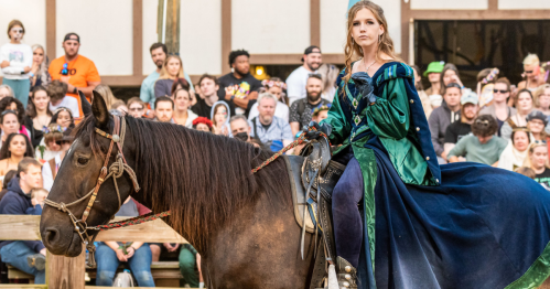 a woman dressed in a royal blue and green dress sits on a horse at the maryland renaissance festival