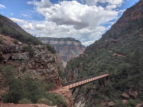 A wooden bridge spans a canyon, surrounded by rocky cliffs and lush greenery under a cloudy sky.