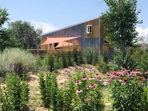 A modern house with a metal exterior, surrounded by colorful flowers and greenery under a clear blue sky.