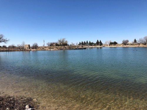 A calm lake with clear water, surrounded by trees and a blue sky, reflecting a peaceful natural landscape.