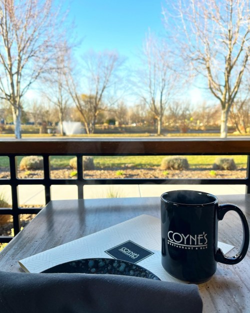 A coffee mug on a table with a menu, overlooking a park with bare trees and a clear blue sky.