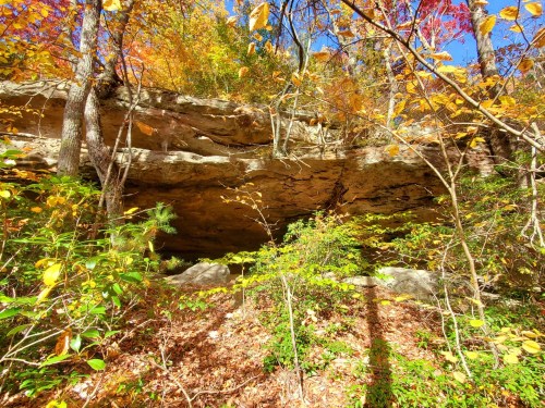 A rocky overhang surrounded by colorful autumn foliage and trees under a clear blue sky.
