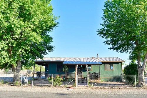 A green house with a metal roof, surrounded by trees and a fence, on a clear day.