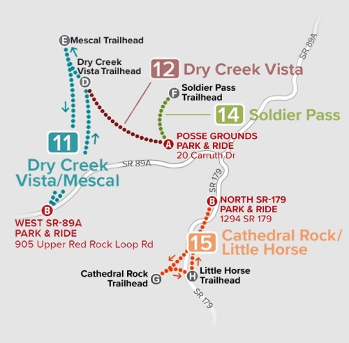 Map showing trailheads and parking areas in the Dry Creek Vista and Soldier Pass regions, with route numbers indicated.