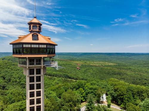 A tall observation tower with a copper roof overlooks a lush green landscape under a clear blue sky.