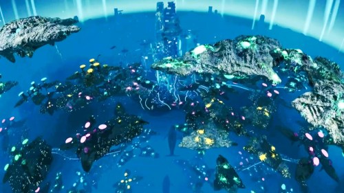 A vibrant underwater scene featuring glowing coral formations and a distant, illuminated structure.