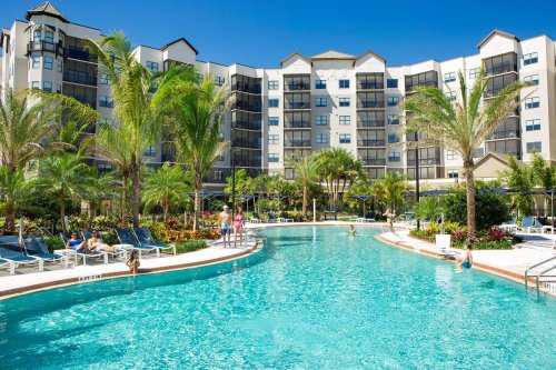 A sunny resort pool surrounded by palm trees and lounge chairs, with guests enjoying the water and relaxing.